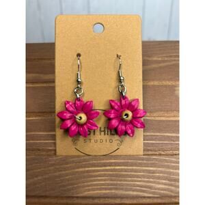 Genuine Leather Flower Earrings Bright Pink Gerbera Daisy Dangle Earrings NEW!